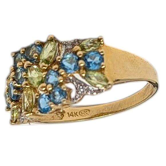 14K Yellow Gold Blue Topaz & Peridot Cluster Ring Estate Jewelry Size 9 – 4.13g - Picture 1 of 7